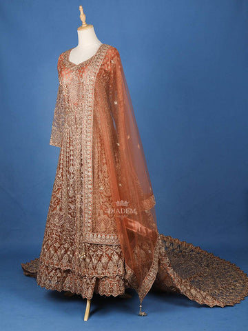 Rust Orange Net Wedding Bridal Lehenga with Floral Embroidery - Diadem