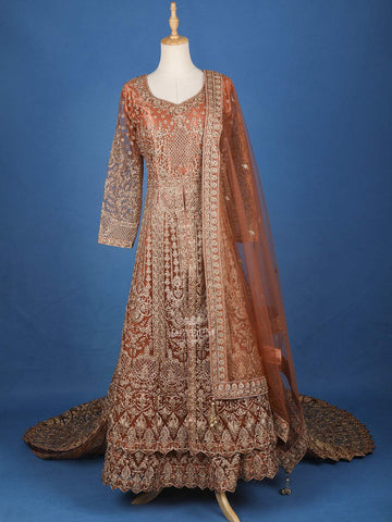 Rust Orange Net Wedding Bridal Lehenga with Floral Embroidery - Diadem