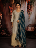 Ash and Champagne Gold Sequins and Beads Embroidered Design Tissue Silk Gown with Contrast Stripes Dupatta