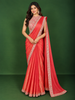 Coral Orange Solid Design Tissue Organza Ready to Wear Draped Saree with Matching Heavy Stone Embellished Halter Neck Designer Blouse
