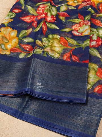 Dark Blue Linen Cotton Saree With Floral Motifs On the Body with Matching Border - Diadem