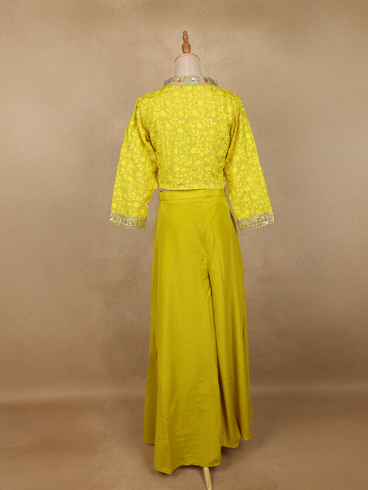Mustard Yellow Floral Sequins Embroidery Palazzo Suit - Diadem