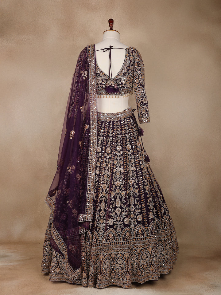 Purple Floral Embroidery Bridal Net Lehenga - Diadem