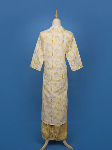 Beige & Mustard Leaf Printed Cotton Salwar Suit - Diadem