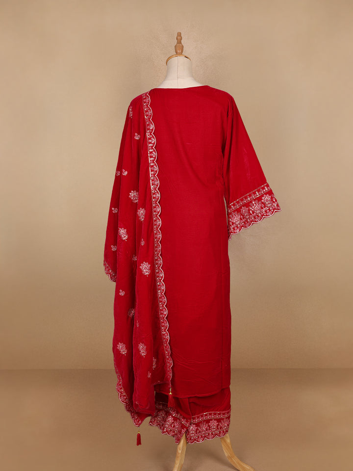 Red Floral Designed Velvet Co Ord Salwar Suit - Diadem