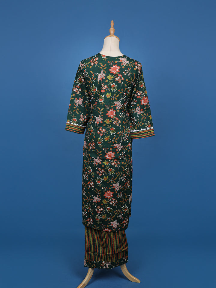 Dark Green Floral Designed Cotton Salwar Suit - Diadem