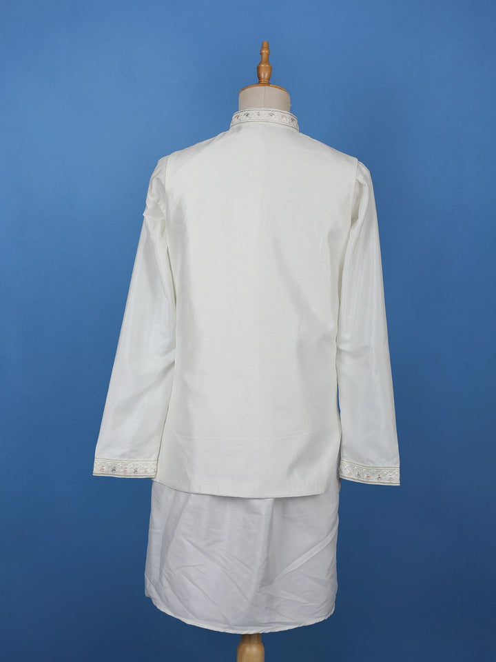 White Floral Embroidered Polyester Sherwani Suit - Diadem