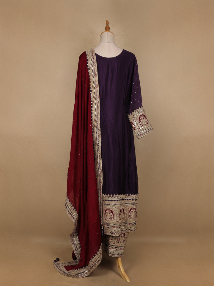 Dark Purple Floral Designed Crepe Anarkali Salwar Suit - Diadem