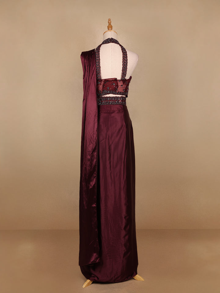 Dark Red Embroidery Satin Ready To Wear Saree with Designer Blouse - Diadem