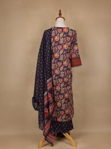 Navy Blue Floral Design Printed Cotton Salwar Suit - Diadem
