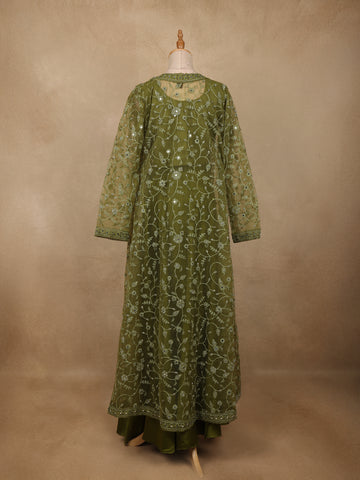 Olive Green Floral Design Net Palazzo Suit - Diadem