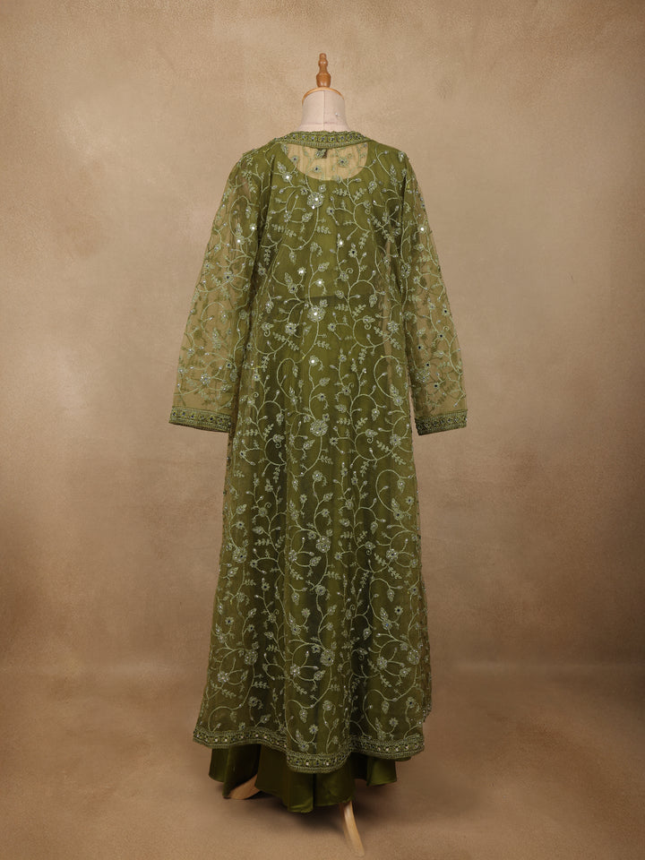 Olive Green Floral Design Net Palazzo Suit - Diadem