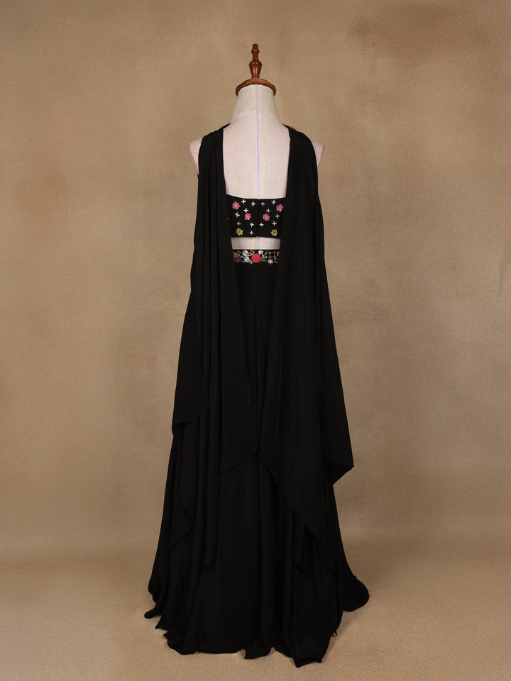 Black Floral Embroidered Satin Lehenga - Diadem