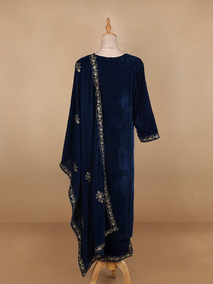 Blue Floral Designed Velvet Co Ord Salwar Suit - Diadem
