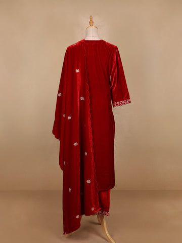 Red Floral Designed Velvet Co Ord Salwar Suit - Diadem