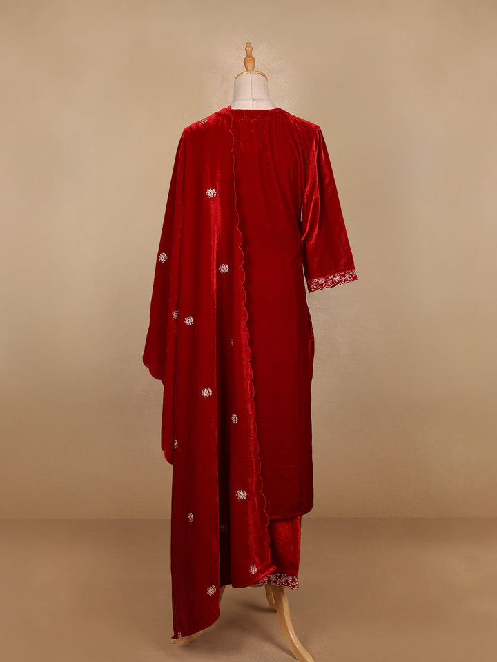 Red Floral Designed Velvet Co Ord Salwar Suit - Diadem