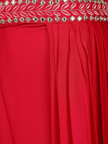 Vibrant Red Sequin Embellished Georgette Crop Top with Draped Skirt - Diadem