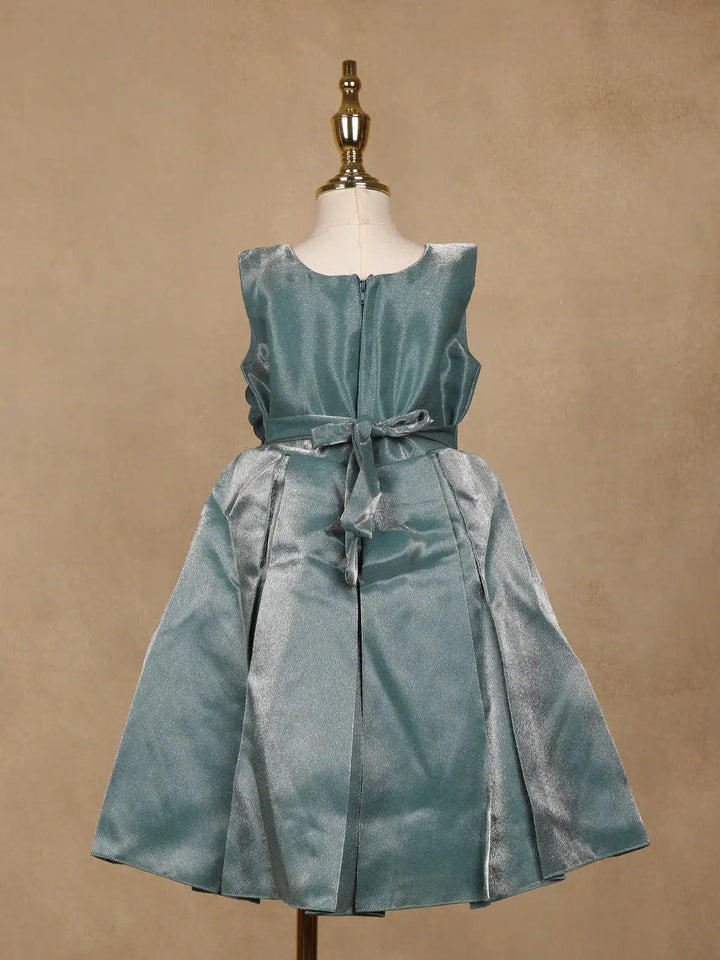 Teal Green Metallic Shine Party Frock with Oversized Glitter Floral Embellishment - Diadem