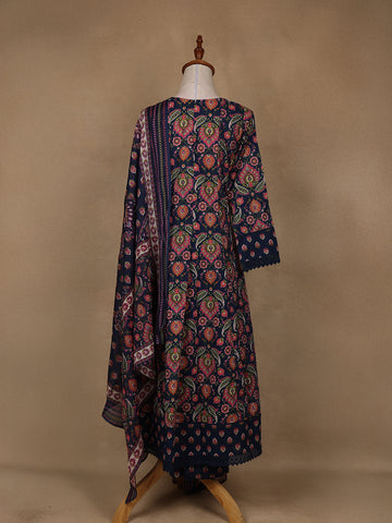 Navy Blue Floral Design Printed Cotton Salwar Suit - Diadem