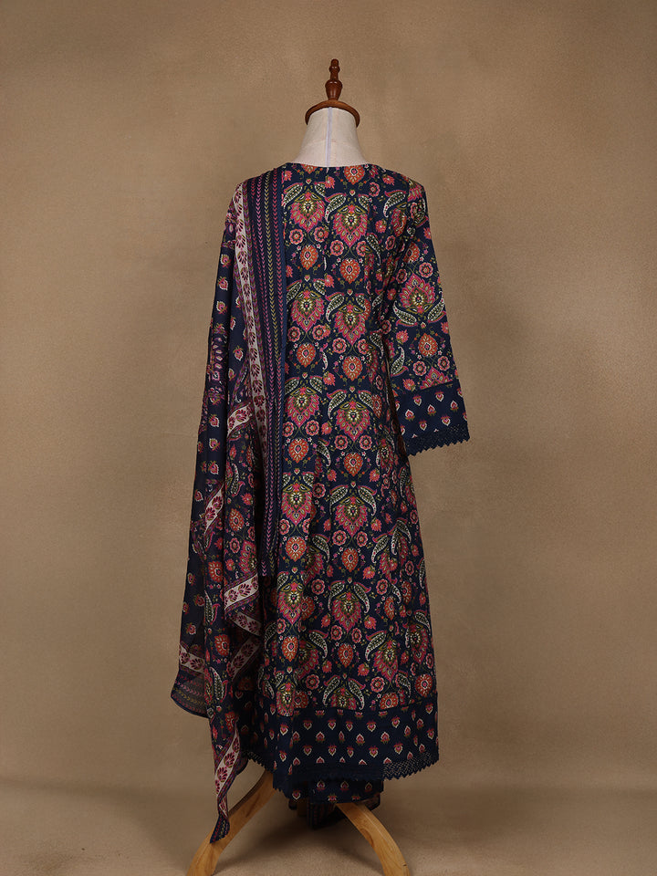 Navy Blue Floral Design Printed Cotton Salwar Suit - Diadem