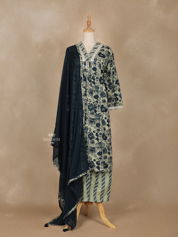 Sage Green Floral Printed Cotton Salwar Suit - Diadem