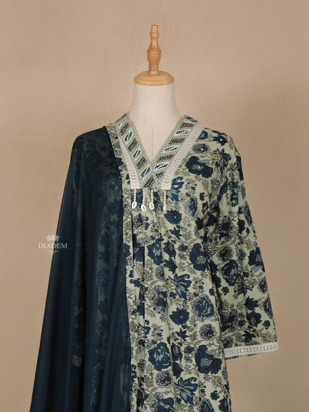 Sage Green Floral Printed Cotton Salwar Suit - Diadem