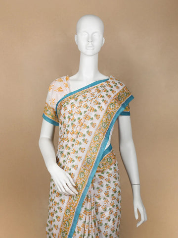 Off-White Floral Design Cotton Saree - Diadem