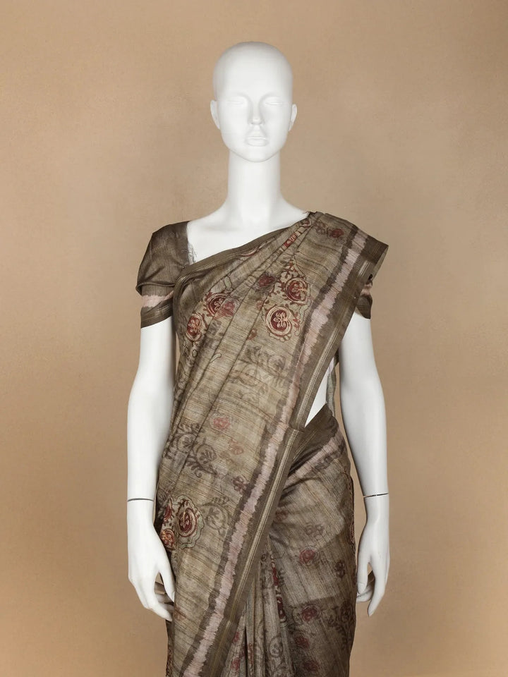 Taupe Brown Abstract Designed Semi Tussar Silk Saree - Diadem