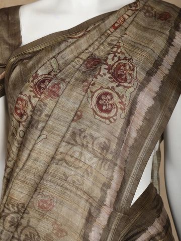 Taupe Brown Abstract Designed Semi Tussar Silk Saree - Diadem