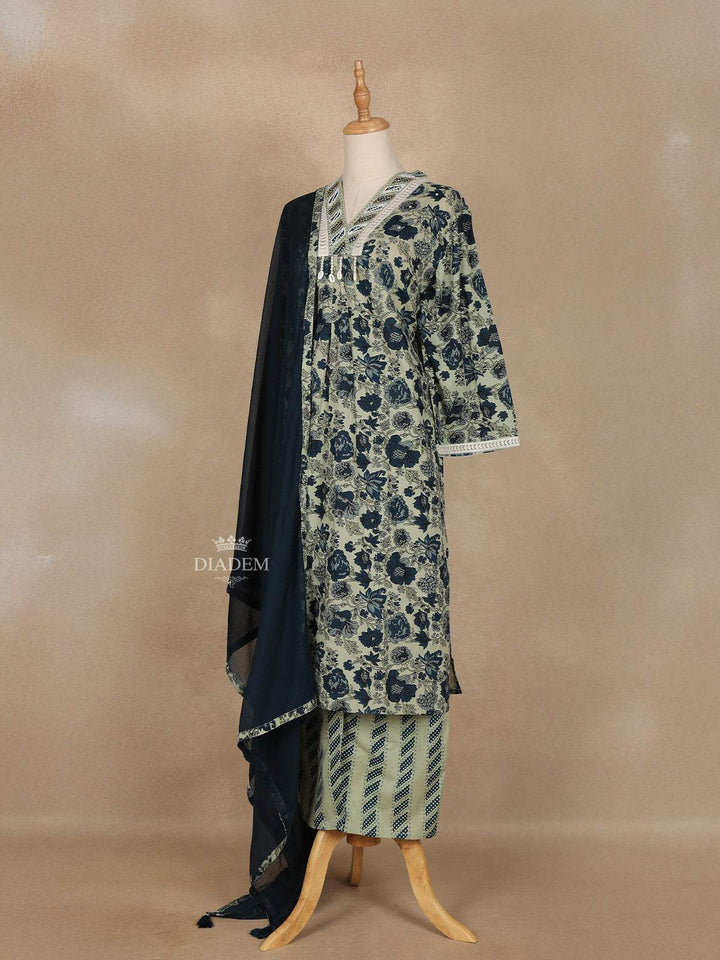 Sage Green Floral Printed Cotton Salwar Suit - Diadem