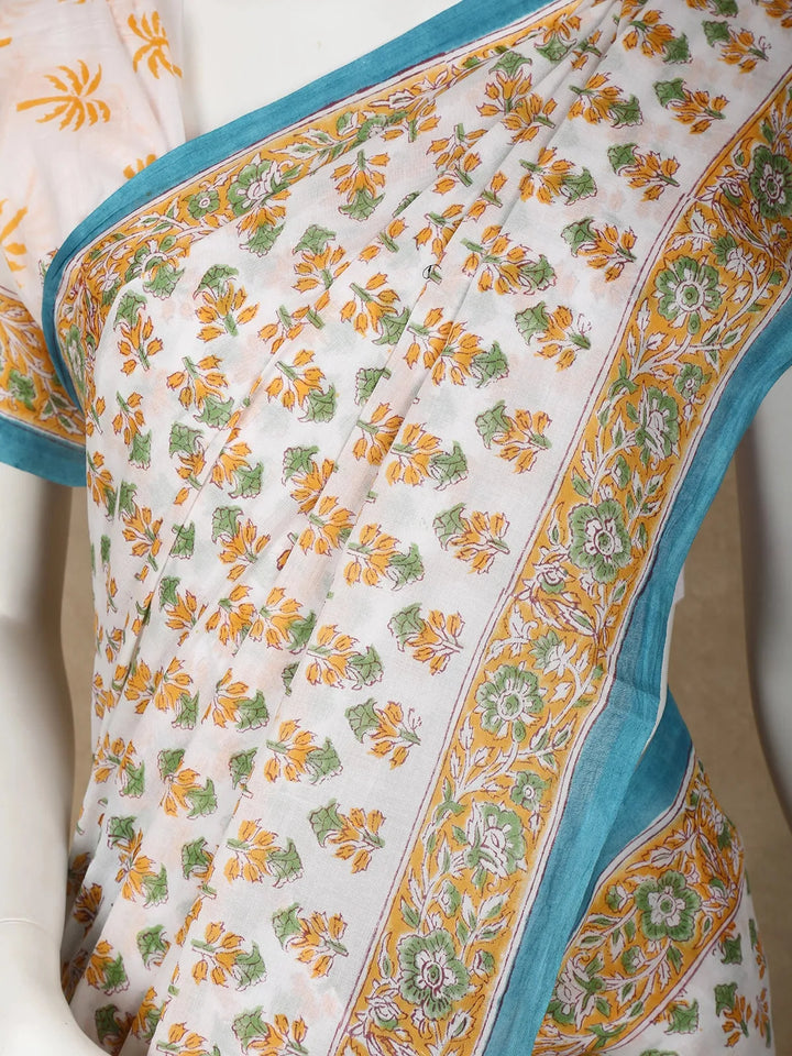 Off-White Floral Design Cotton Saree - Diadem