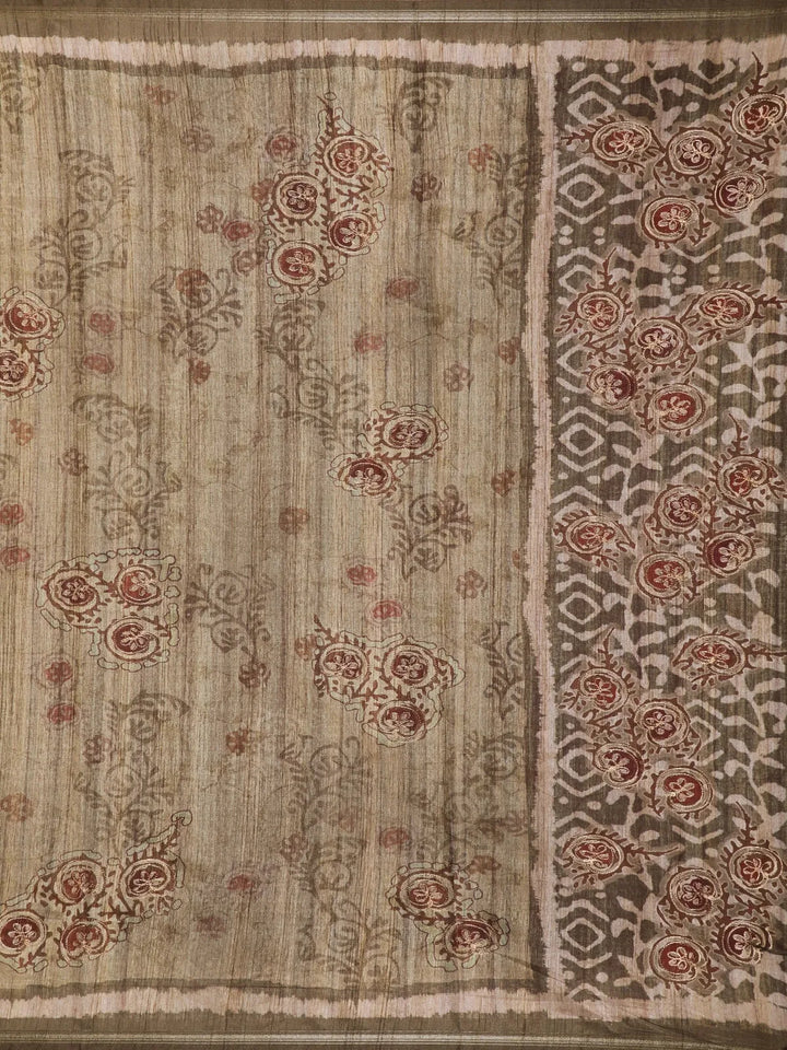 Taupe Brown Abstract Designed Semi Tussar Silk Saree - Diadem