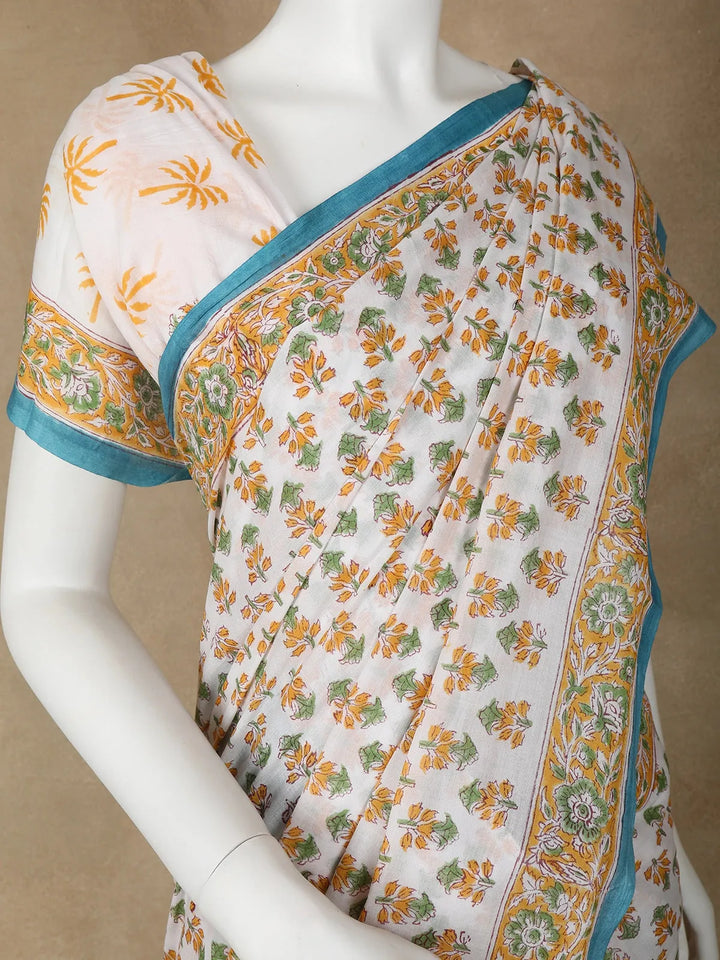 Off-White Floral Design Cotton Saree - Diadem