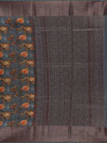 Teal Blue Floral Designed Chanderi Cotton Saree - Diadem