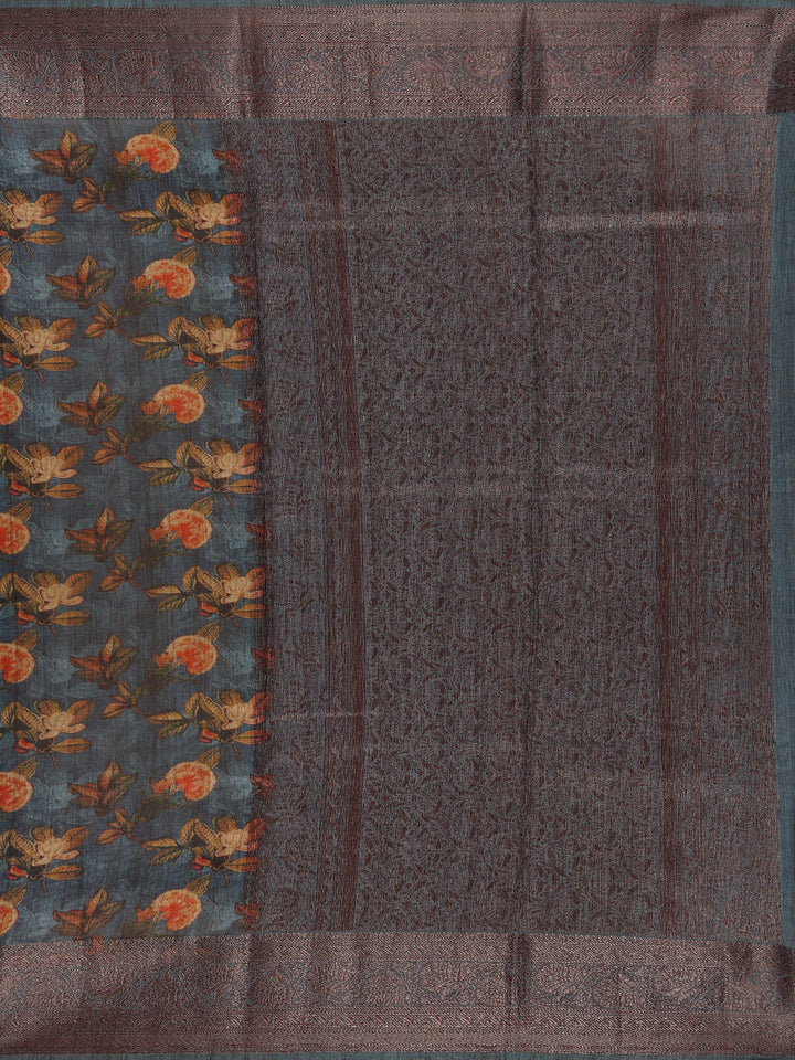 Teal Blue Floral Designed Chanderi Cotton Saree - Diadem