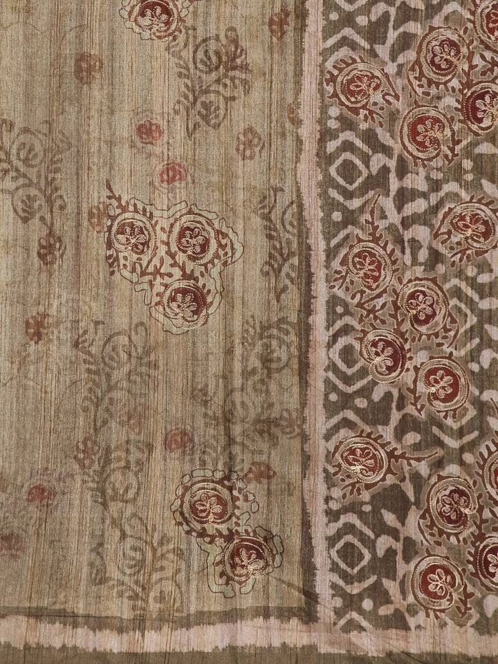 Taupe Brown Abstract Designed Semi Tussar Silk Saree - Diadem