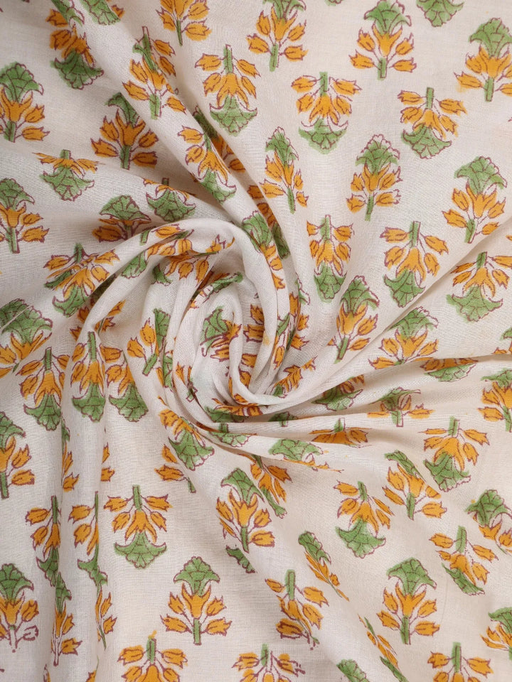Off-White Floral Design Cotton Saree - Diadem
