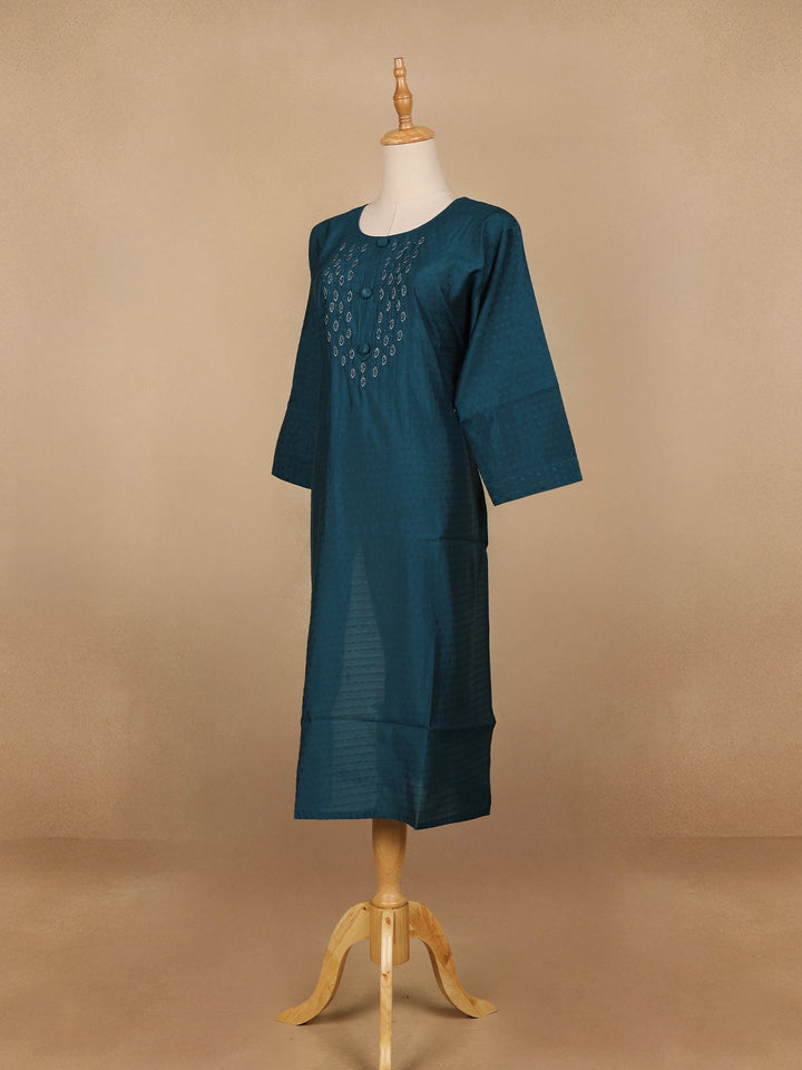Peacock Blue Floral Design Cotton Kurti - Diadem