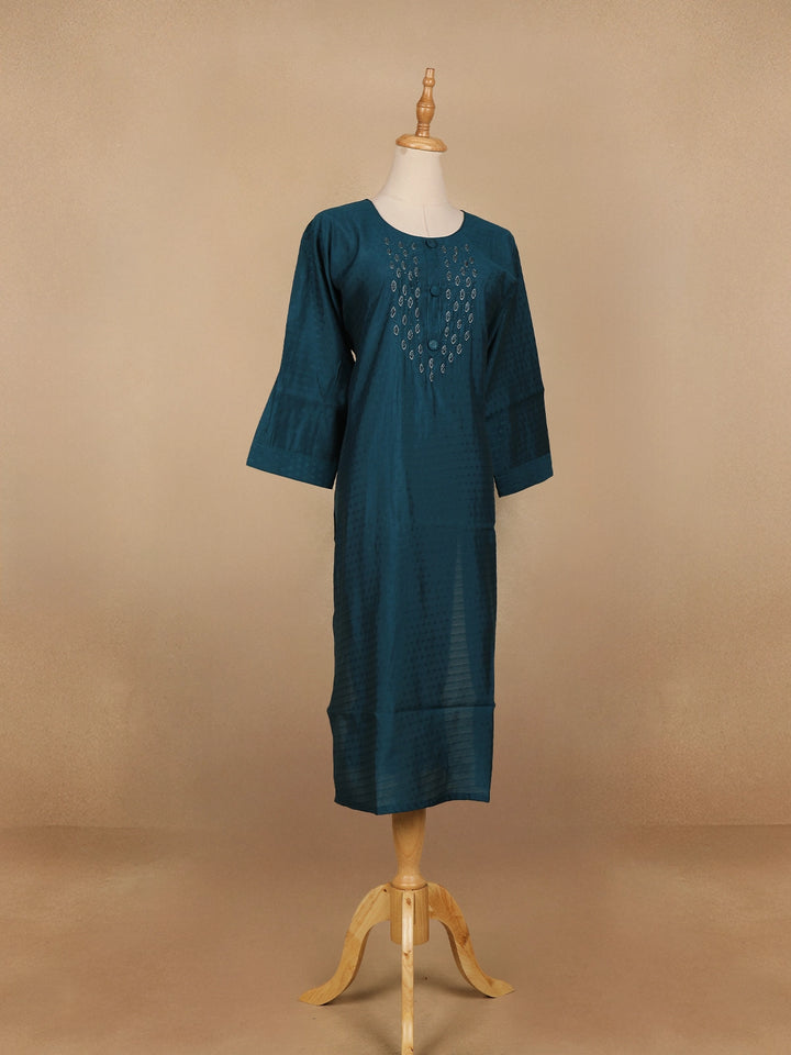 Peacock Blue Floral Design Cotton Kurti - Diadem