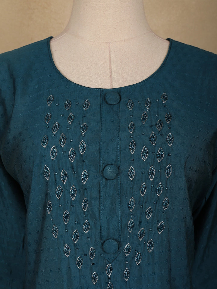 Peacock Blue Floral Design Cotton Kurti - Diadem
