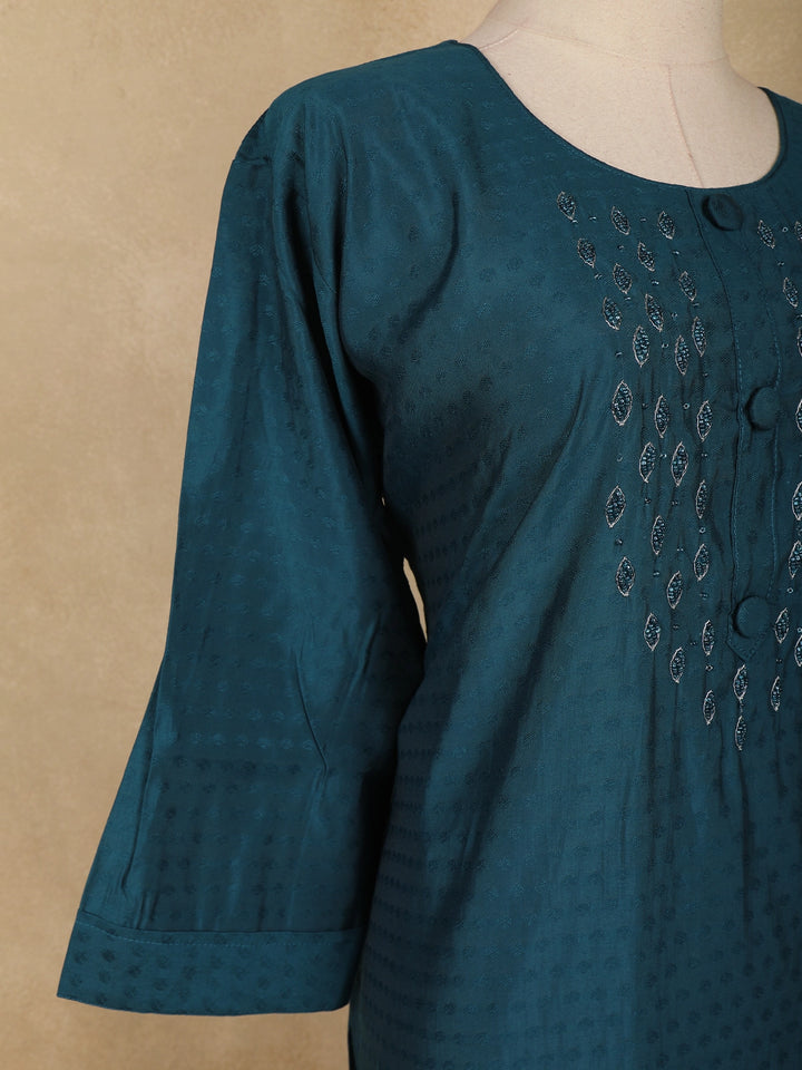 Peacock Blue Floral Design Cotton Kurti - Diadem