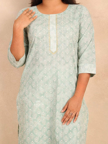 Mint Green Cotton Straight Cut Salwar Suit Adorned with Floral Prints and Sequins - Diadem