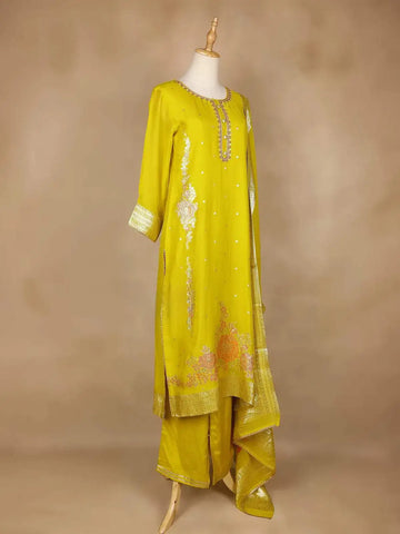 Yellow Straight Cut Salwar Suit Adorned With Floral Designs, with 3/4 Sleeve and Matching Dupatta - Diadem