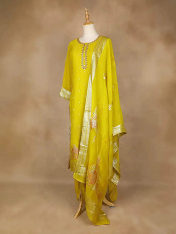 Yellow Straight Cut Salwar Suit Adorned With Floral Designs, with 3/4 Sleeve and Matching Dupatta - Diadem