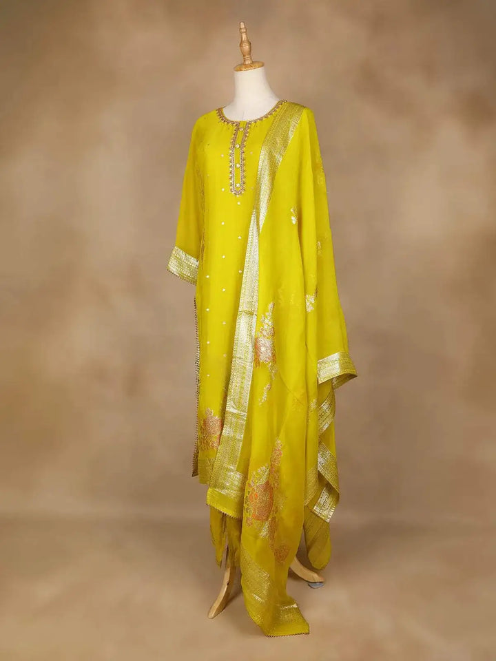 Yellow Straight Cut Salwar Suit Adorned With Floral Designs, with 3/4 Sleeve and Matching Dupatta - Diadem