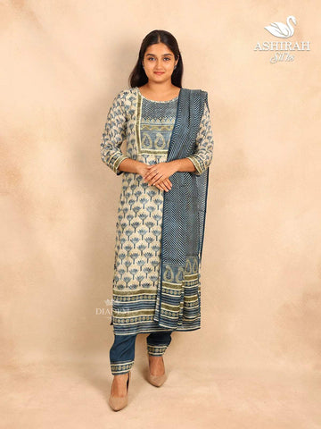 Teal Blue Straight Cut Salwar Suit Adorned with Floral Prints paired with Dupatta - Diadem