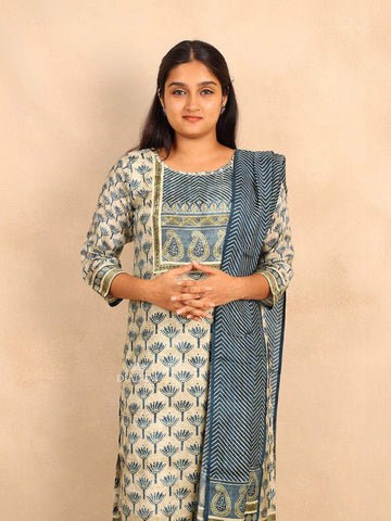 Teal Blue Straight Cut Salwar Suit Adorned with Floral Prints paired with Dupatta - Diadem