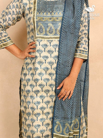 Teal Blue Straight Cut Salwar Suit Adorned with Floral Prints paired with Dupatta - Diadem