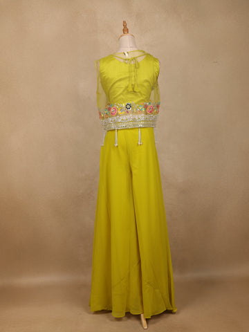 Lime Yellow Floral Sequins Embroidery Palazzo Suit - Diadem