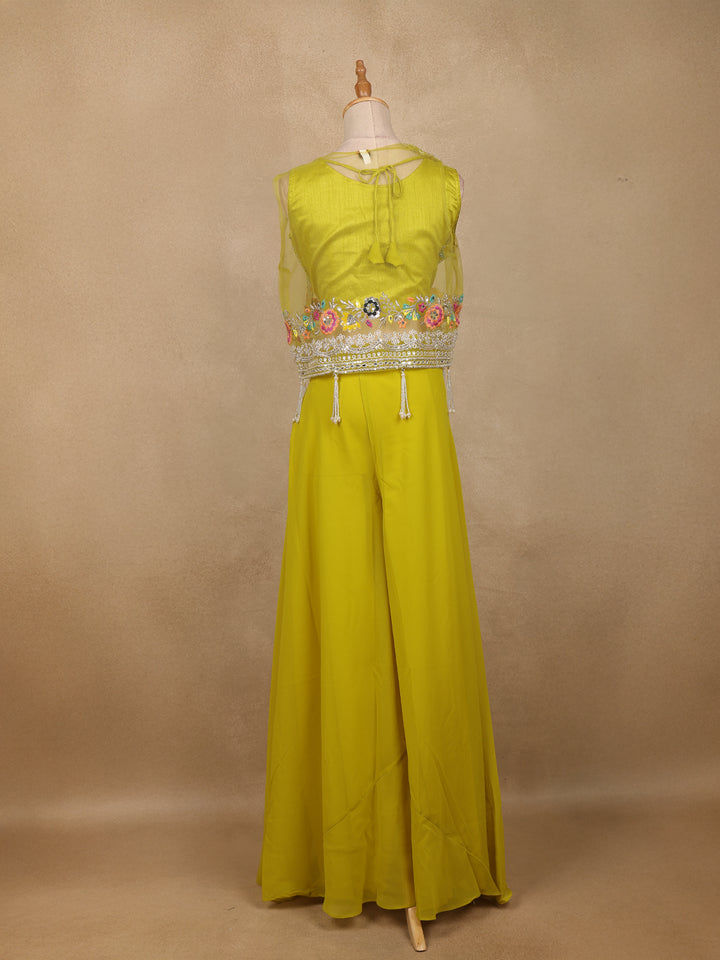 Lime Yellow Floral Sequins Embroidery Palazzo Suit - Diadem